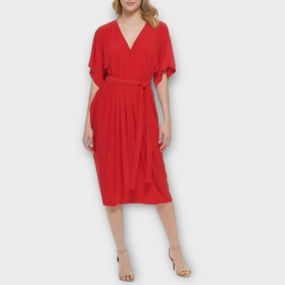 Tommy Hilfiger Red Matte Jersey Pleated Midi Dress Size 2 - Picture 1 of 11